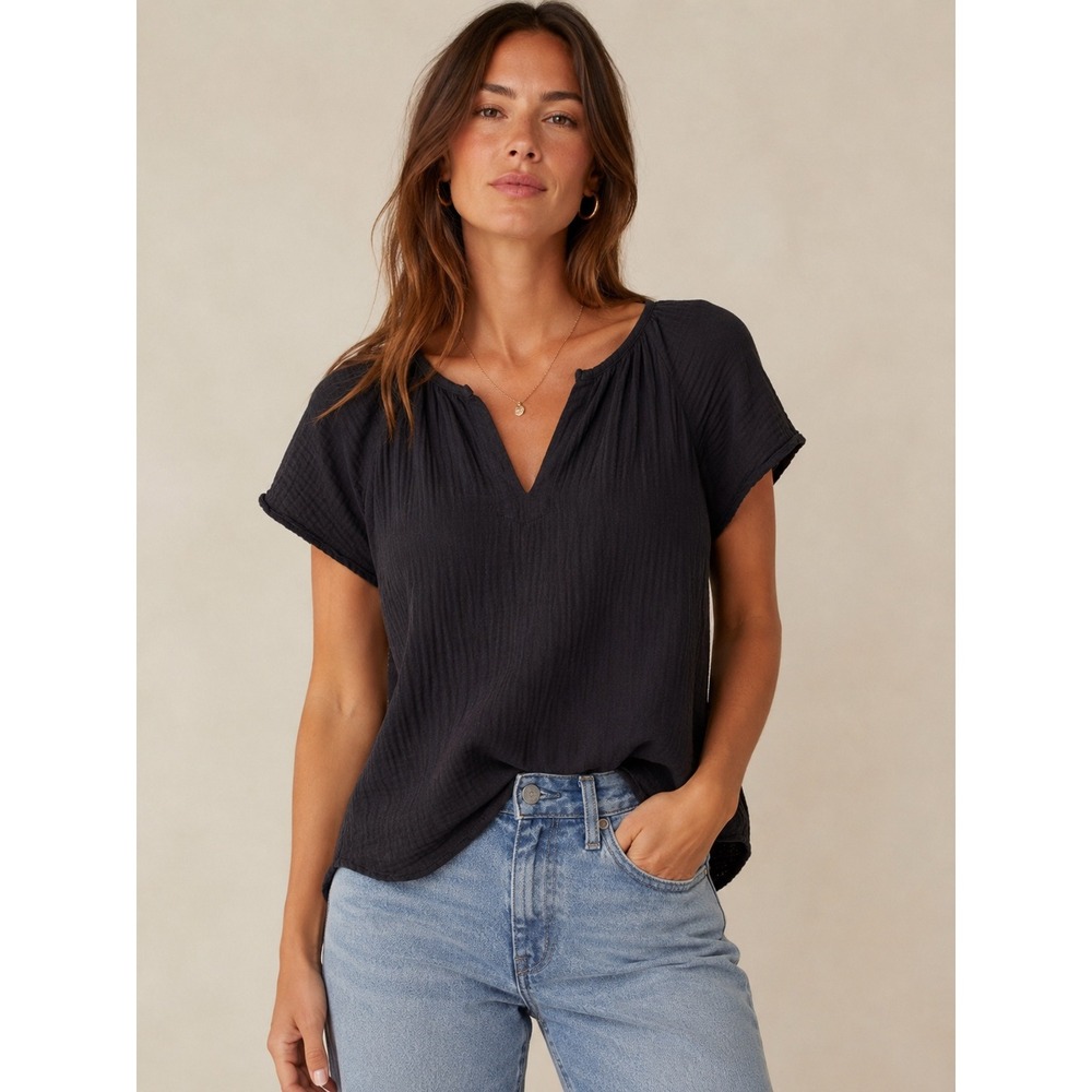 SAM&LAVI Black Double Gauze Cotton V-Neck Short Sleeve Blouse Small